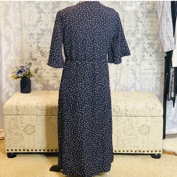 Boho Blue and White Polka Dot Tie Front Midi Dress - Picture 6 of 7